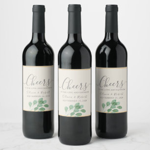 Greenery Gold Wedding Cheers Wine Label