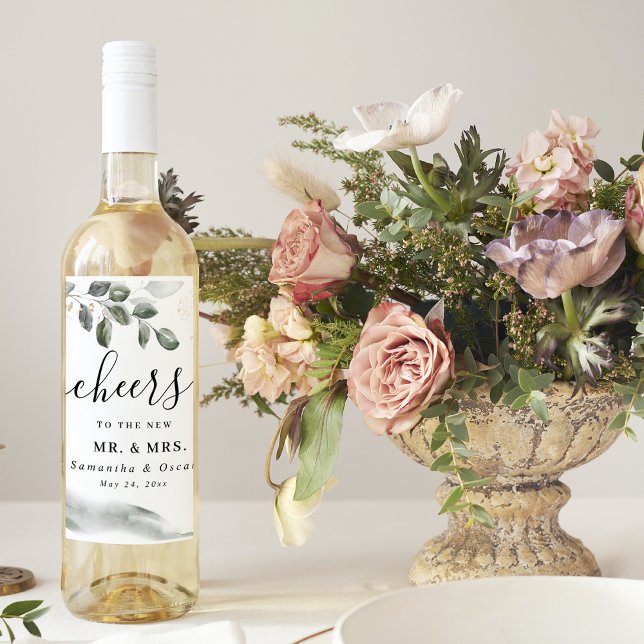 Greenery Gold Wedding | Elegant Watercolor Wine Label (Creator Uploaded)