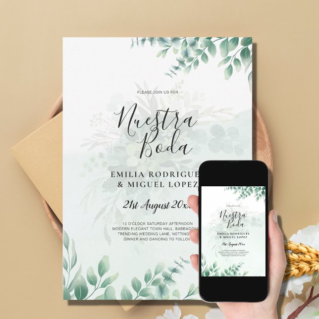 Greenery Gold Wedding Eucalyptus Leaves QR CODE Invitation (Creator Uploaded)