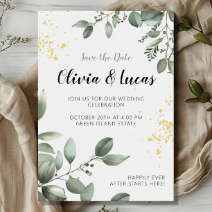 Greenery & Gold Wedding Invite with Script Font