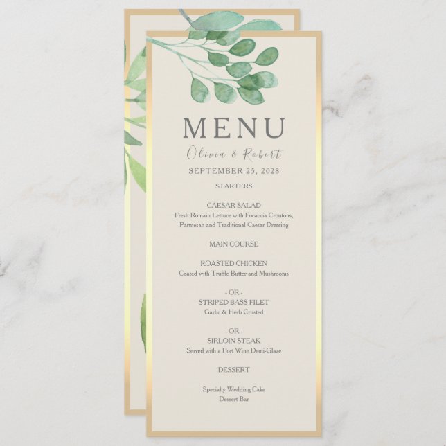 Greenery Gold Wedding Menu Card (Front/Back)