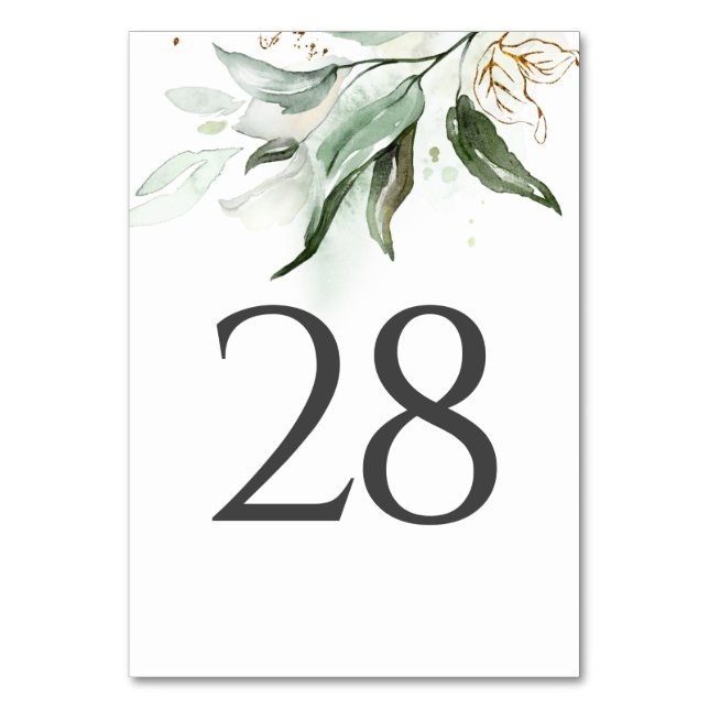 Greenery & Gold Wedding Table Number Cards (Front)