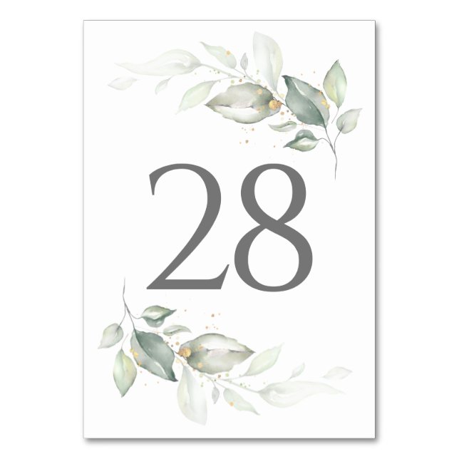 Greenery & Gold Wedding Table Number Cards (Front)