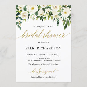 Greenery gold white floral roses bridal shower invitation