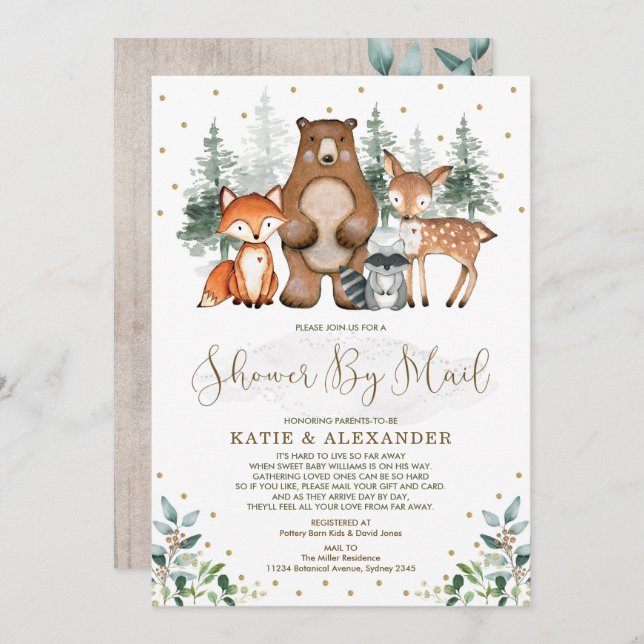 Greenery Gold Woodland Animals Baby Shower By Mail Invitation (Front/Back)