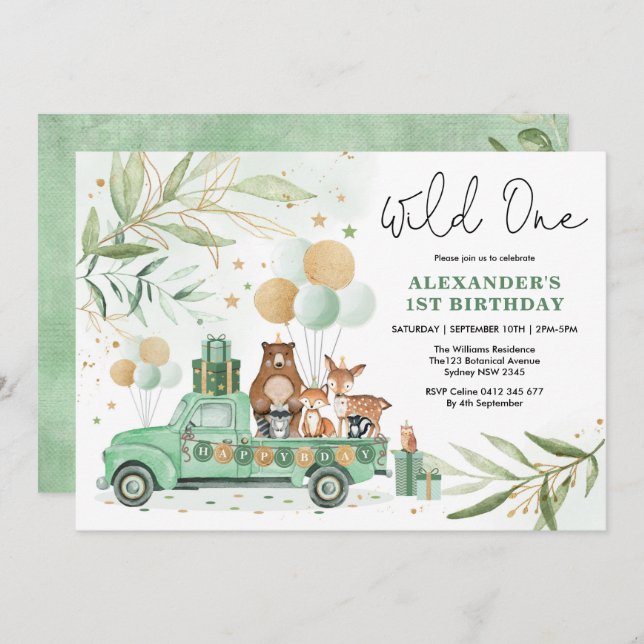 Greenery Gold Woodland Animals Wild One Birthday Invitation (Front/Back)