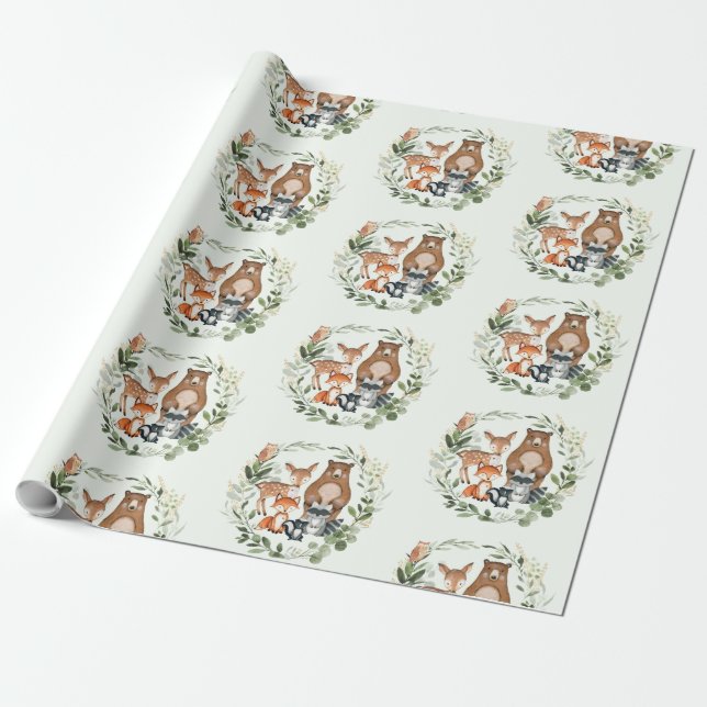 Greenery Gold Woodland Forest Baby Animals Wrapping Paper (Unrolled)
