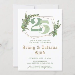 Greenery Golden Frame 25th Wedding Anniversary Invitation