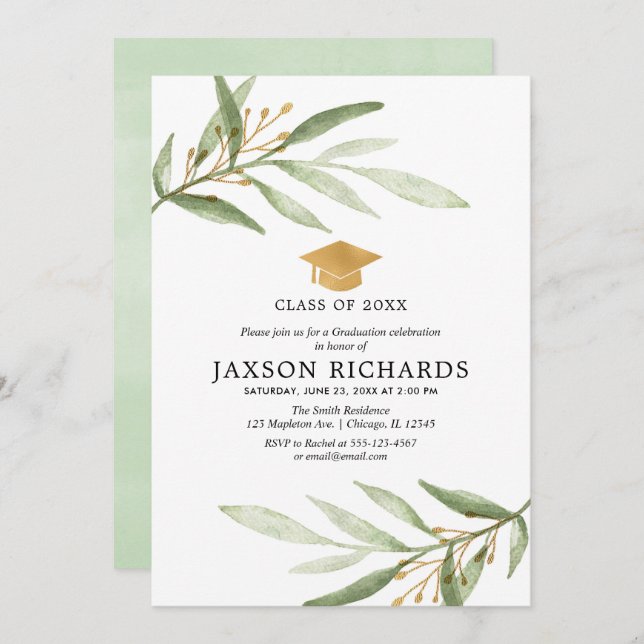 Greenery graduation, simple modern green gold grad invitation (Front/Back)