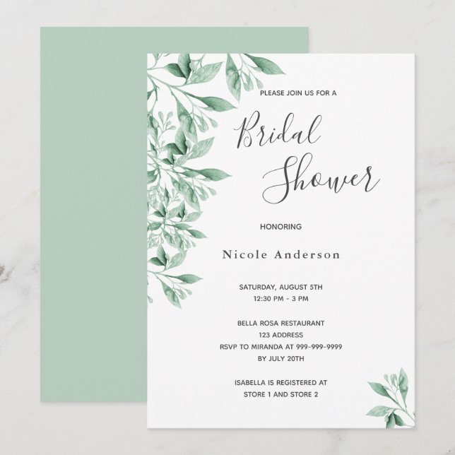 Greenery green botanical script Bridal Shower Invitation (Front/Back)