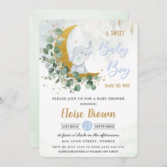 Greenery Green Elephant Sweet Baby Boy Shower  Inv Invitation (Front/Back)