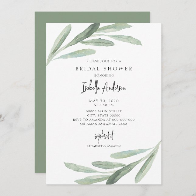 Greenery Green Foliage Olive Branch Bridal Shower  Invitation (Front/Back)