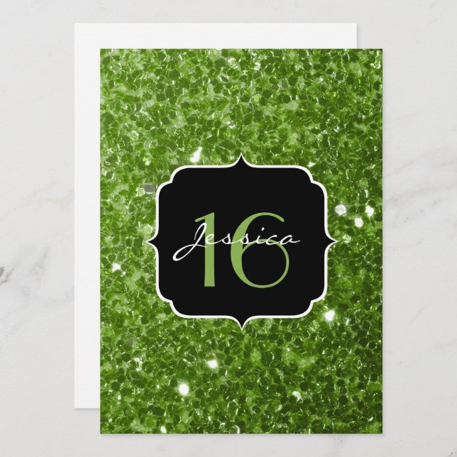 Greenery Green glitter sparkles Sweet 16 Invite (Front/Back)