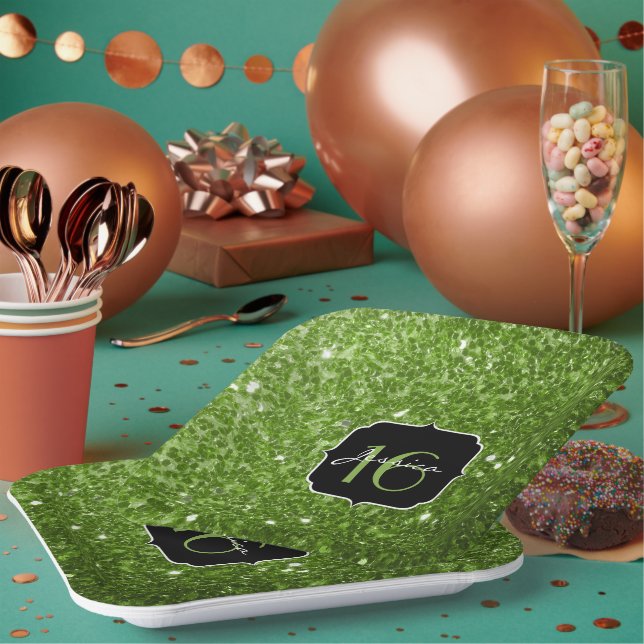 Greenery Green glitter sparkles Sweet 16 Paper Plate (Multi)