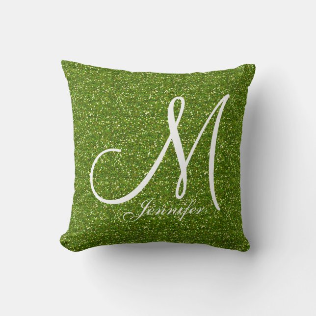 GREENERY GREEN glitter white Monogram YOUR NAME Cushion (Front)