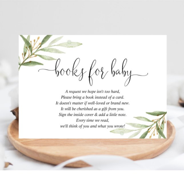 Greenery green gold book request books for baby en enclosure card (Creator Uploaded)