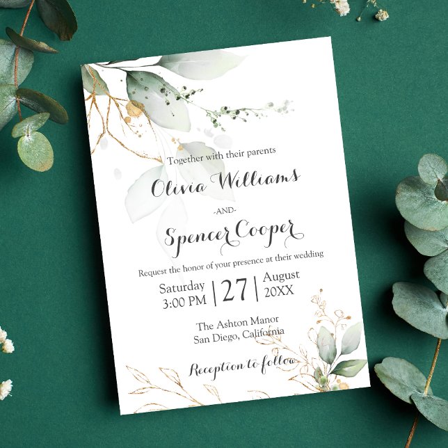 Greenery Green & Gold Nature Green Floral Wedding Invitation (Creator Uploaded)