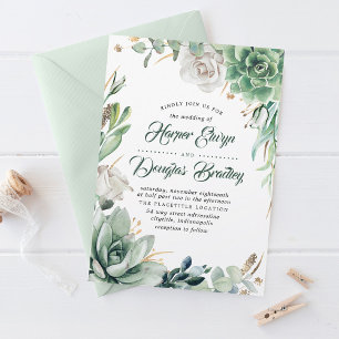Greenery   Green & Gold   Succulent Floral Wedding Invitation