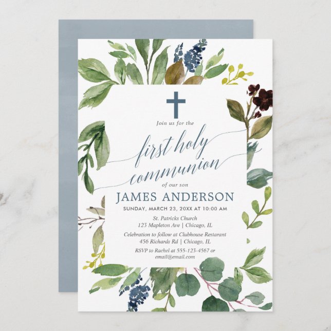 Greenery green leaves dusty blue first communion invitation (Front/Back)