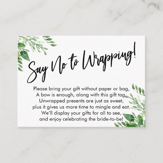 Greenery Handwriting Say No to Wrapping! Enclosure Card (Front)