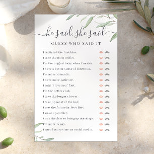 Greenery He said She said bridal shower game