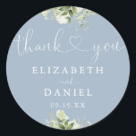 Greenery Heart Script Dusty Blue Wedding Favour Classic Round Sticker<br><div class="desc">Elegant greenery floral heart script thank you sticker personalised with your names and special date. Designed by Thisisnotme©</div>