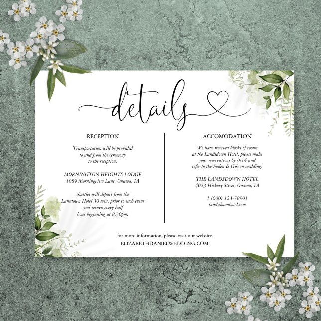 Greenery Heart Script Wedding Details Card (Greenery Heart Script Wedding Details Card)