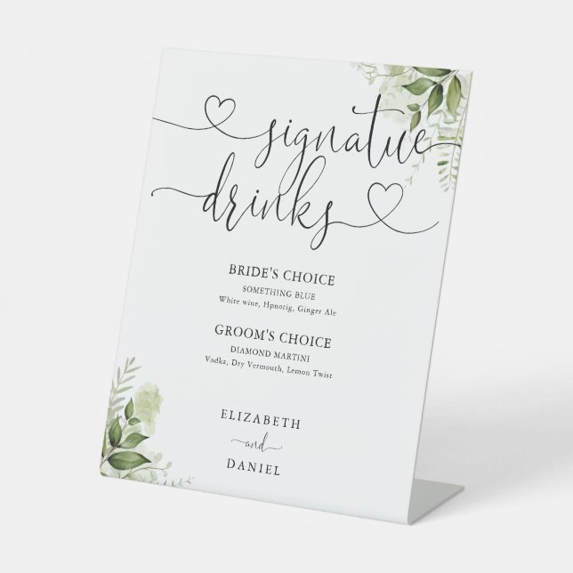 Greenery Heart Script Wedding Signature Drinks Pedestal Sign (Front)