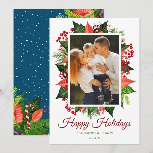 Greenery Holly Berries Happy Holidays Photo Holiday Card (Front/Back)