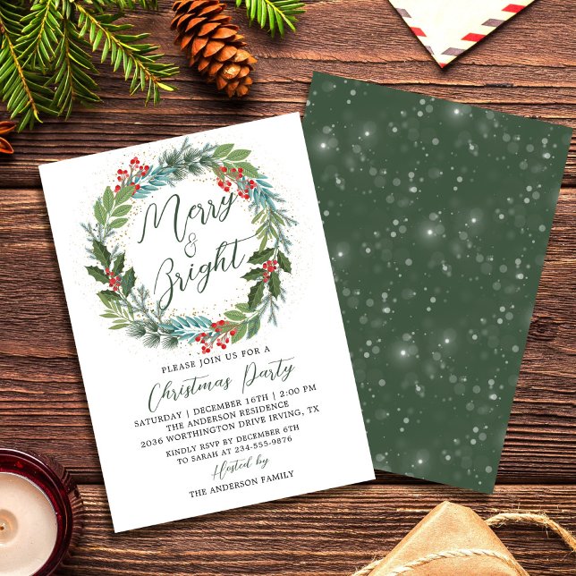 Greenery Holly Berries Wreath Christmas Party Invitation (Creator Uploaded)