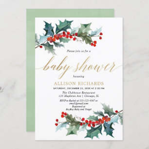 Greenery holly red gold gender neutral baby shower invitation