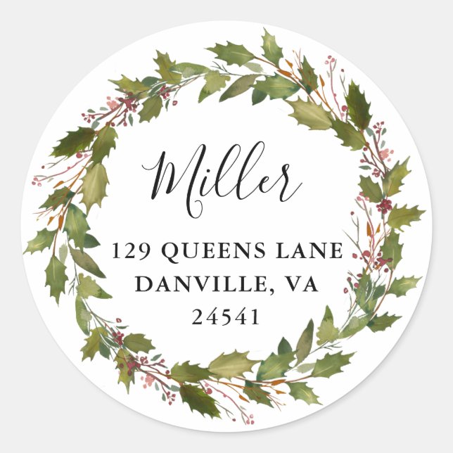 Greenery Holly Wreath Return Address Classic Round Sticker (Front)