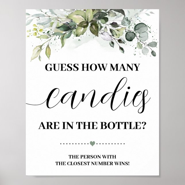 Greenery How many Candies Baby Shower game sign (Front)