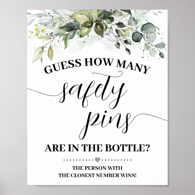 Greenery How Many Safety Pins Baby Shower Game Poster (Front)