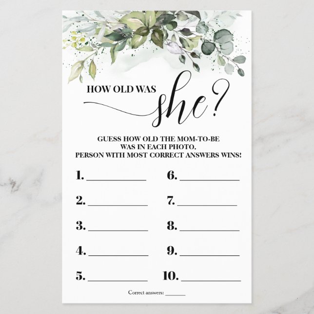 Greenery How old was Mom Baby Shower Game Card (Front)