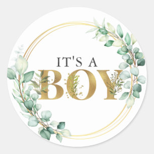 Greenery Its a Boy Gold Eucalyptus Baby Shower Classic Round Sticker