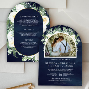Greenery Ivory Floral All in One Navy Arch Wedding Invitation