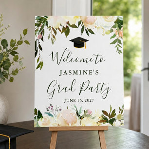 Greenery Ivory White Floral Graduation Party Sign