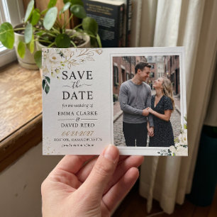 Greenery Ivory White Gold Elegant Floral Photo Save The Date