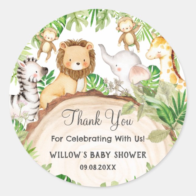 Greenery Jungle Animals Baby Shower 1st Birthday  Classic Round Sticker (Front)