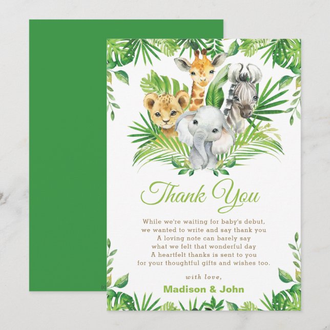 Greenery Jungle Animals Gender Neutral Baby Shower Thank You Card (Front/Back)