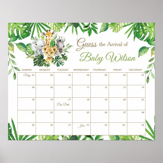Greenery Jungle Animals Guess Baby's Due Date Game Poster (Front)