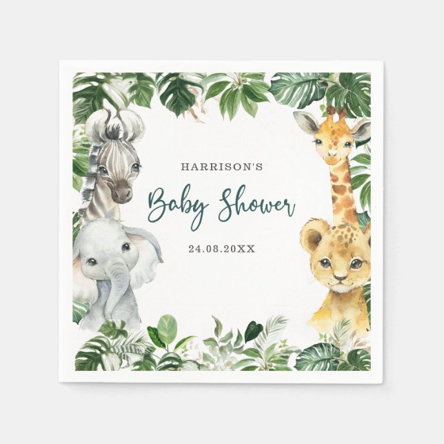 Greenery Jungle Safari Animals Baby Shower Napkin (Front)
