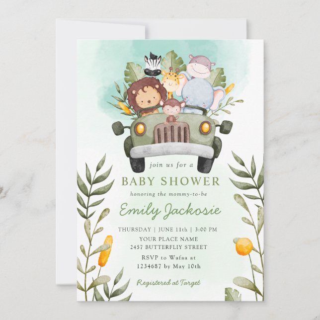 Greenery jungle Safari Wild Animals Baby Shower  Invitation (Front)