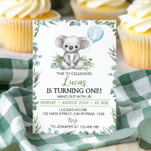 Greenery Koala Balloon Boy Birthday Invitation