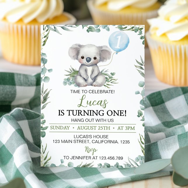 Greenery Koala Balloon Boy Birthday Invitation (Creator Uploaded)