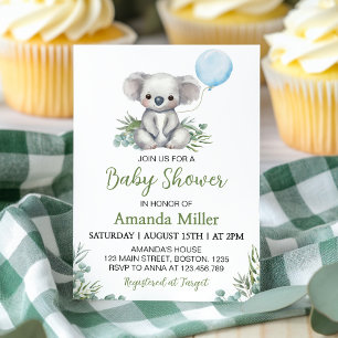 Greenery Koala Blue Balloon Baby Shower Invitation