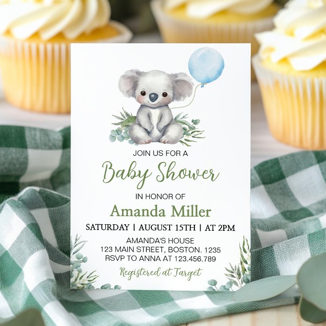 Greenery Koala Blue Balloon Baby Shower Invitation (Creator Uploaded)