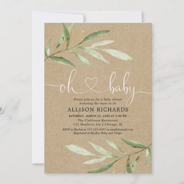 Greenery kraft, rustic gender neutral baby shower invitation (Front)