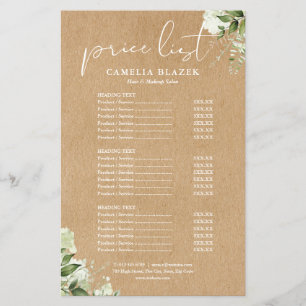 Greenery Kraft Salon Service Menu Price List